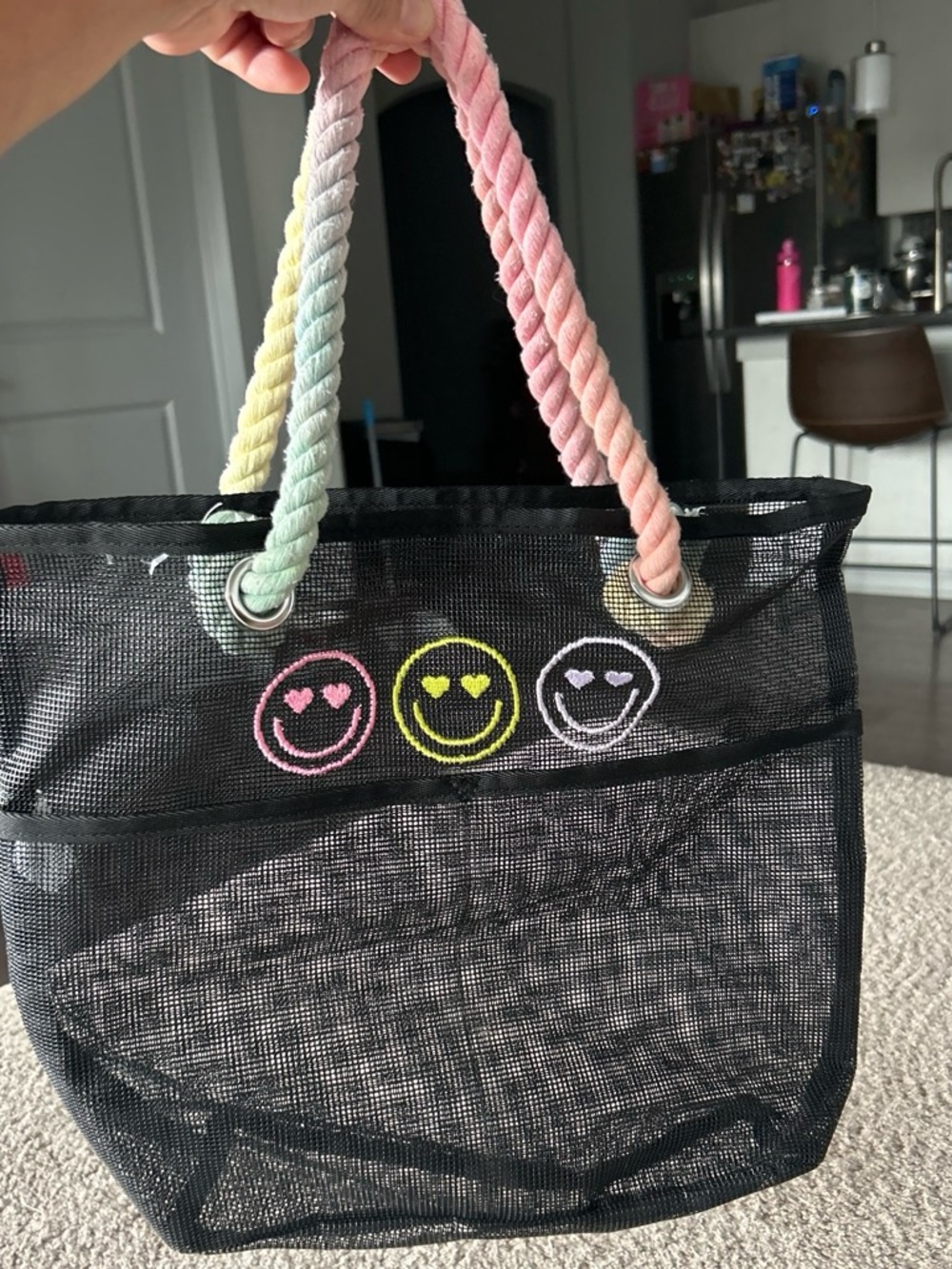 Black Mesh Tote Bag with Pastel Rope Handles and Smiley Embroidery